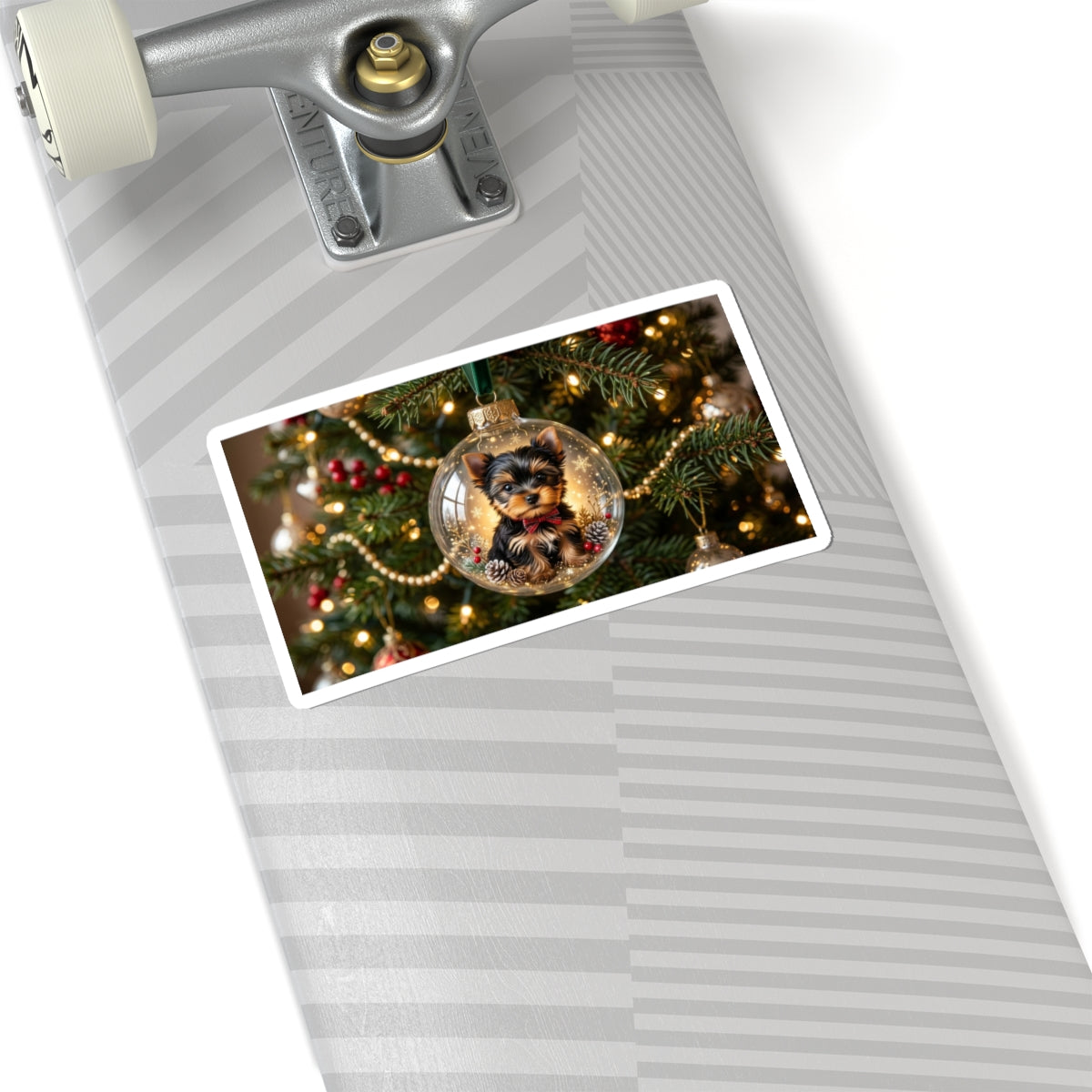 Christmas Puppy Ornament Sticker — Yorkie in Glass Bauble Kiss-Cut Sticker