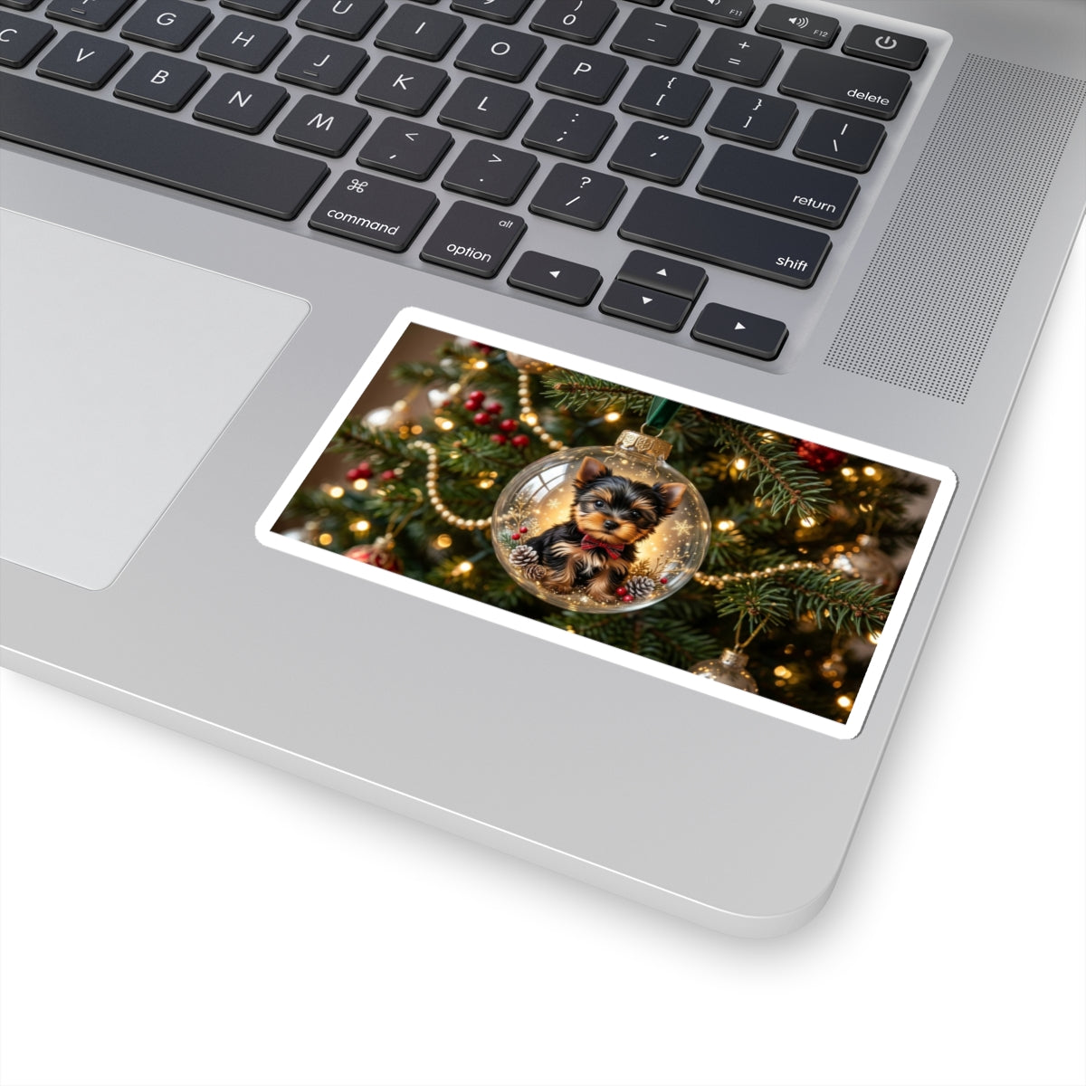 Christmas Puppy Ornament Sticker — Yorkie in Glass Bauble Kiss-Cut Sticker