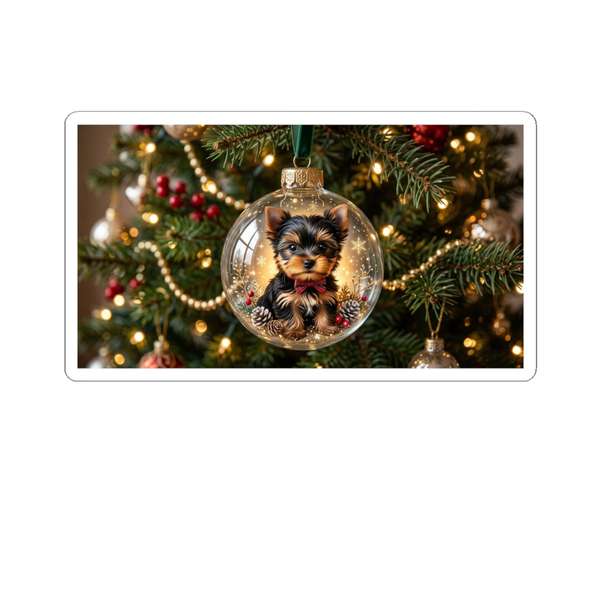 Christmas Puppy Ornament Sticker — Yorkie in Glass Bauble Kiss-Cut Sticker