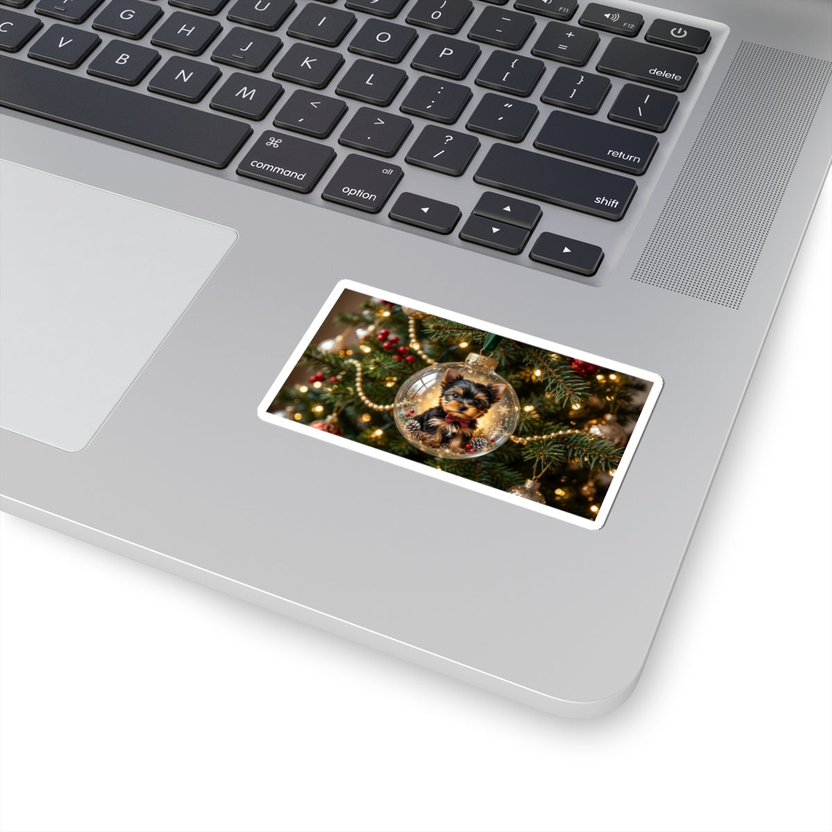 Christmas Puppy Ornament Sticker — Yorkie in Glass Bauble Kiss-Cut Sticker